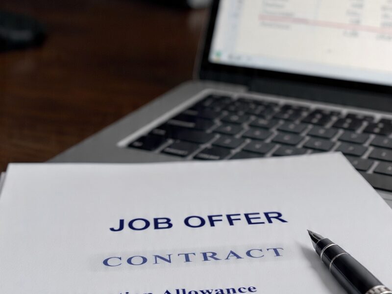 A job offer contract with relocation allowance details beside a laptop, illustrating how to negotiate relocation benefits with a 2026 visa sponsorship job offer.