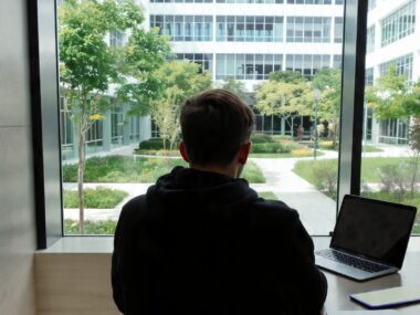 A student sitting at a desk with a notebook and laptop, planning a future career path while learning how to choose the right course for long-term success.