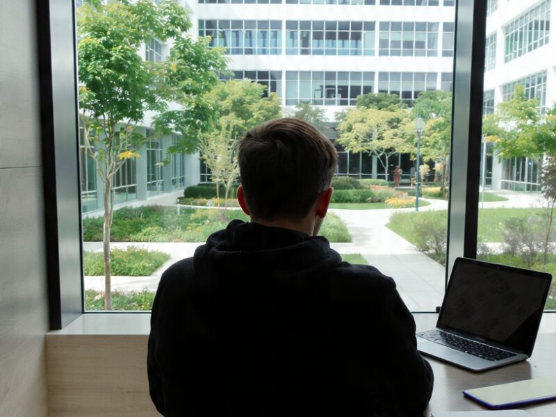 A student sitting at a desk with a notebook and laptop, planning a future career path while learning how to choose the right course for long-term success.
