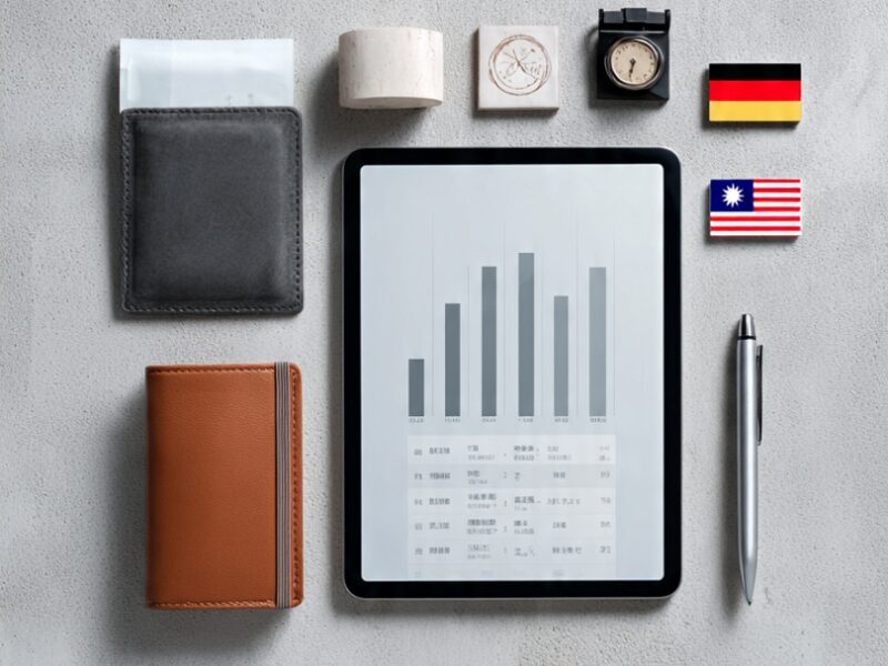 A tablet displaying financial data with travel essentials and country flags, representing planning for the cheapest countries to study abroad in 2026.