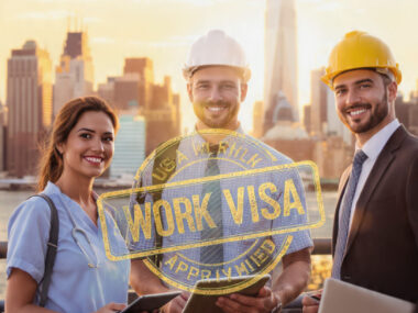Healthcare worker, construction professional, and business professional with a USA work visa approval stamp, representing USA visa sponsorship jobs in 2025.